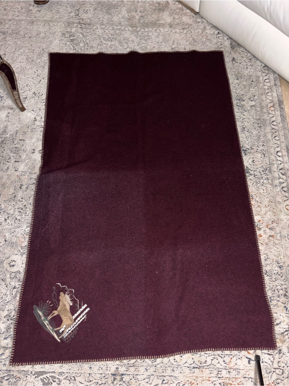 Vintage Woolrich Wool Blanket Made in USA Moose Embroidered Burgundy 40X61”